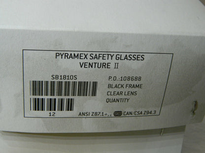 PYRAMEX Venture II Safety Glasses Black Frame Clear Lens Qty 12 Pairs SB1810S