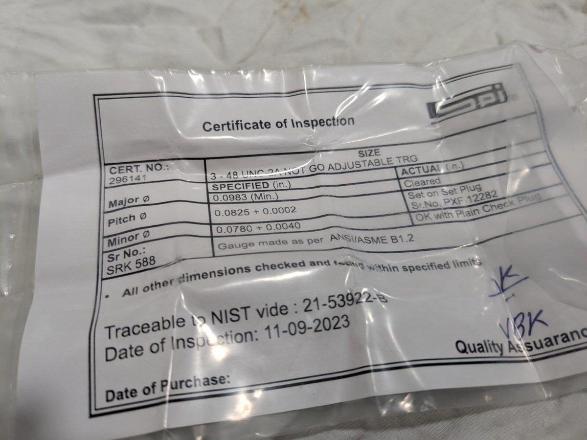 SPI Threaded Ring Gage: #3-48 Thread, Class 2A, no Go 23-123-3