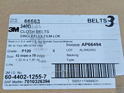 LOT of 3 3M Cloth Belts 340D SINGLEFLEX FILM-LOK P120 52" x 75"  7010326394