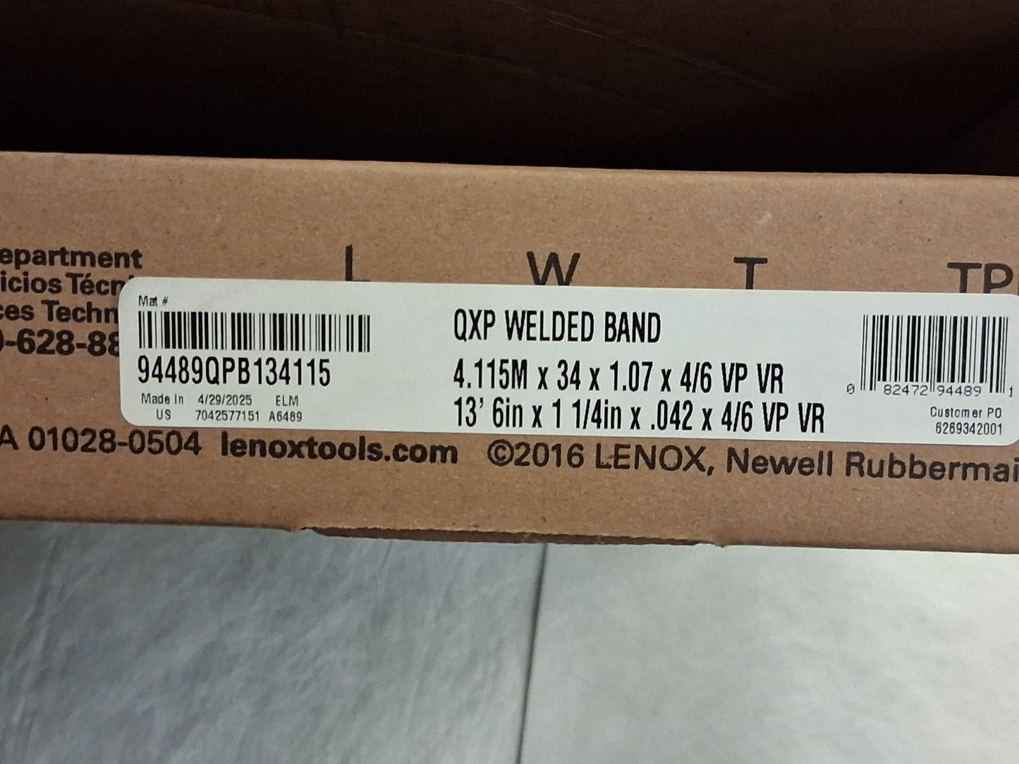 Lenox Welded Bandsaw Blade 13Ft 6" Long x 1-1/4" Wide x 4 to 6 TPI 94489QPB13411