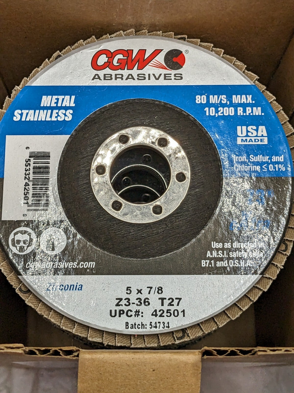 CGW Flap Disc: 7/8 Hole, 36 Grit, Zirconia Alumina, Type 27 Qty 10 42501