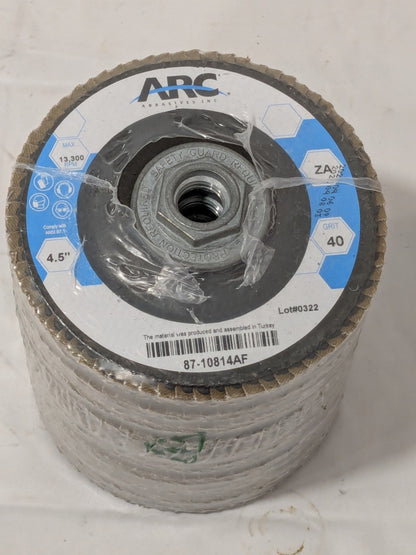 ARC ABRASIVES Flap Disc: 4-1/2" Dia, 40 Grit, ZA, Type 29 Qty 10 87-10814AF
