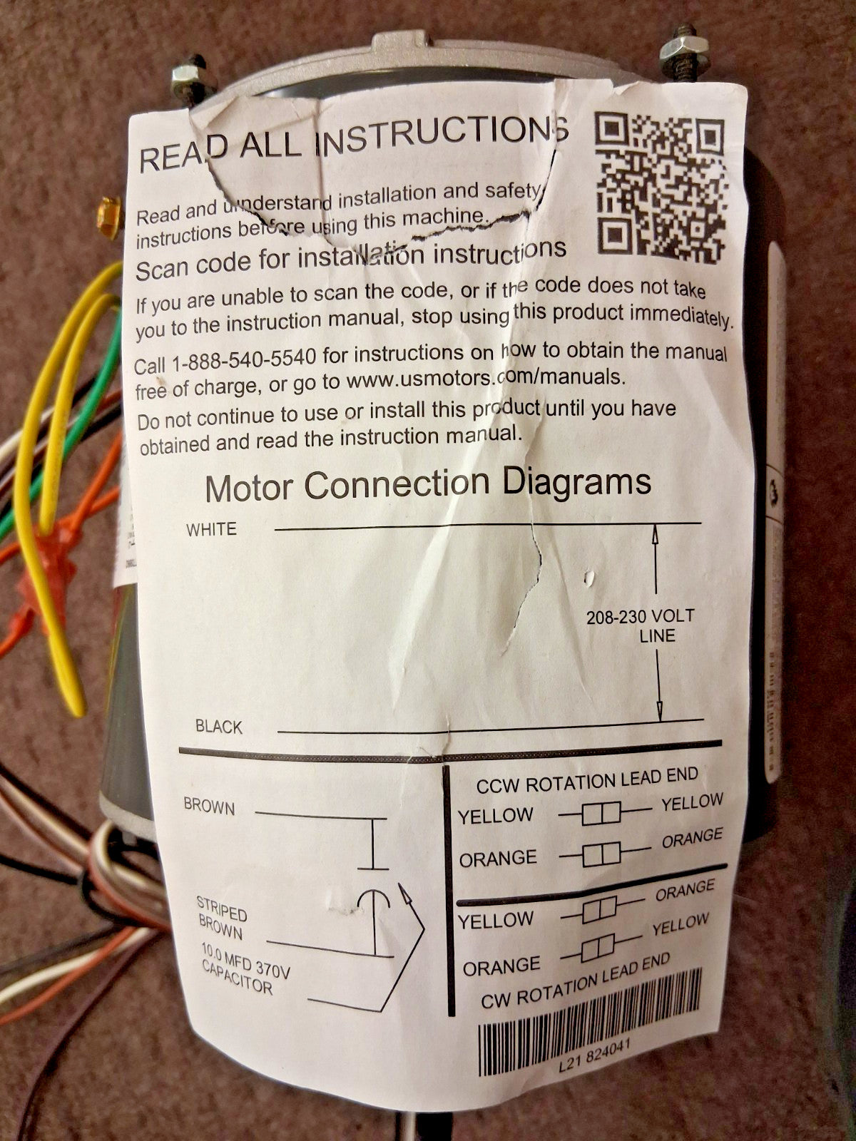US Motors Single Phase Permanent Split Capacitor AC Motor 1862