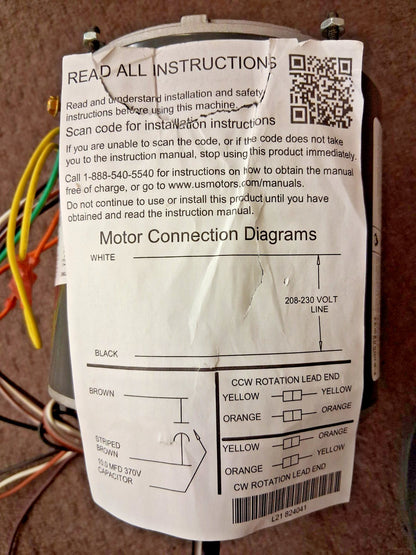 US Motors Single Phase Permanent Split Capacitor AC Motor 1862