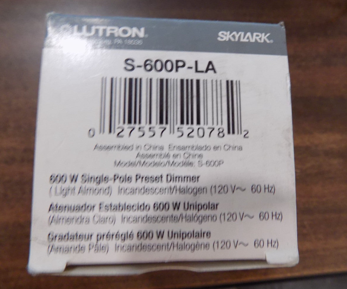 Lutron Skylark Slide Dimmer with Rocker Switch S-600P-LA 600W Light Almond