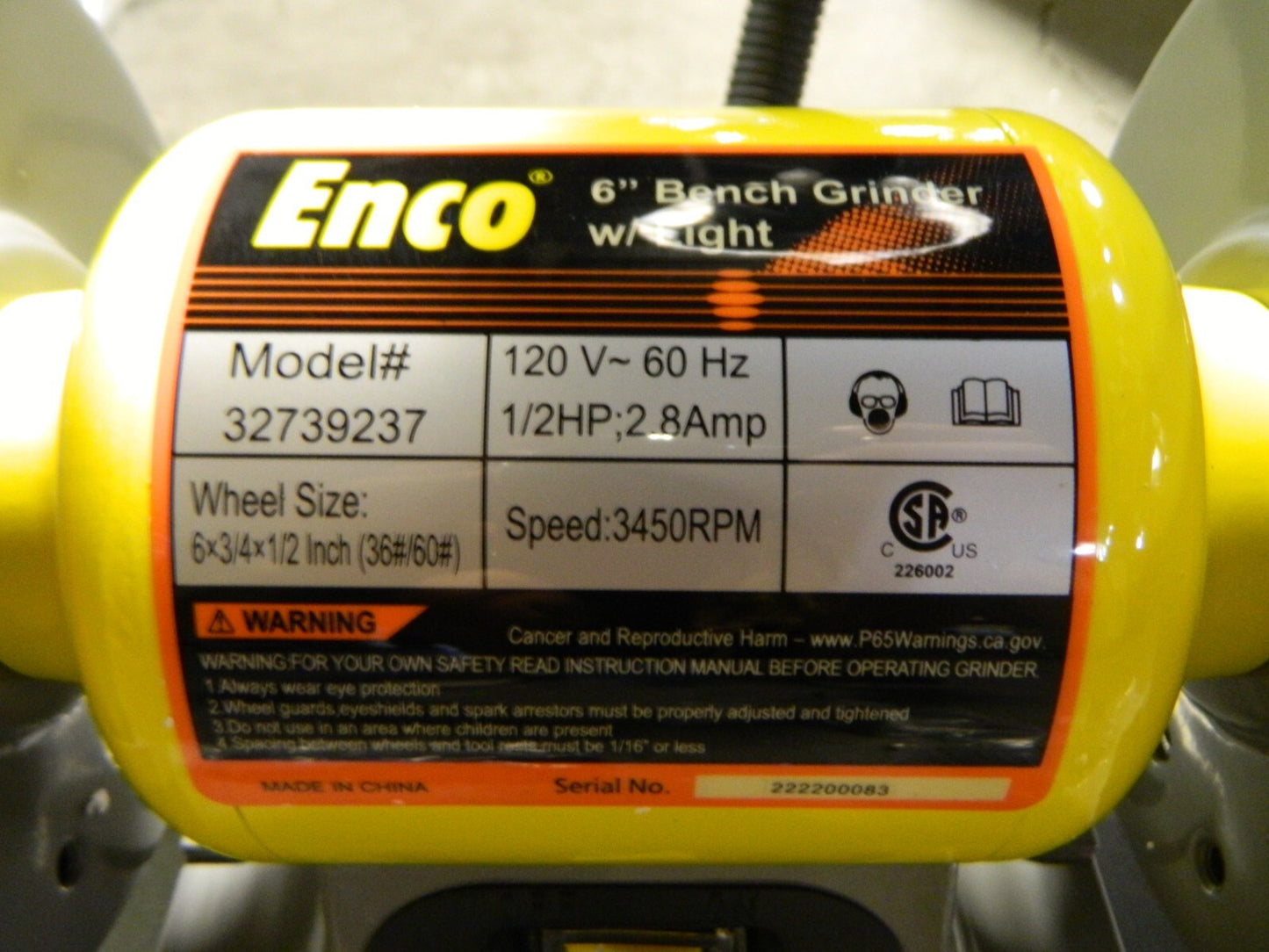 ENCO Bench Grinder: 6 Wheel Dia, 1/2 Arbor Hole Dia TDS-150CL