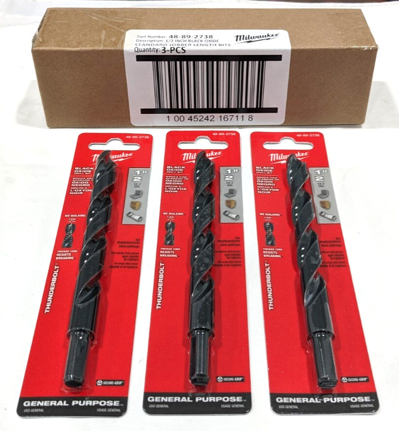 MILWAUKEE  Jobber Length Drill Bit 1/2" (0.500") Dia HSS 48-89-2738  *3 PACK*