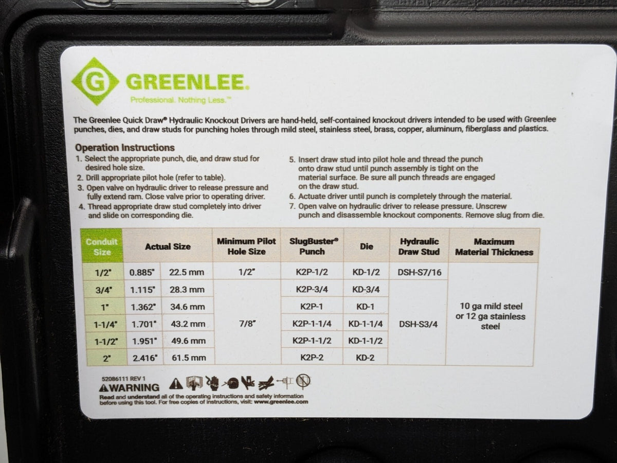 Greenlee Quick Draw 8-Ton Hydraulic Knockout Kit w/SlugBuster 1/2" to 2" 7806SB