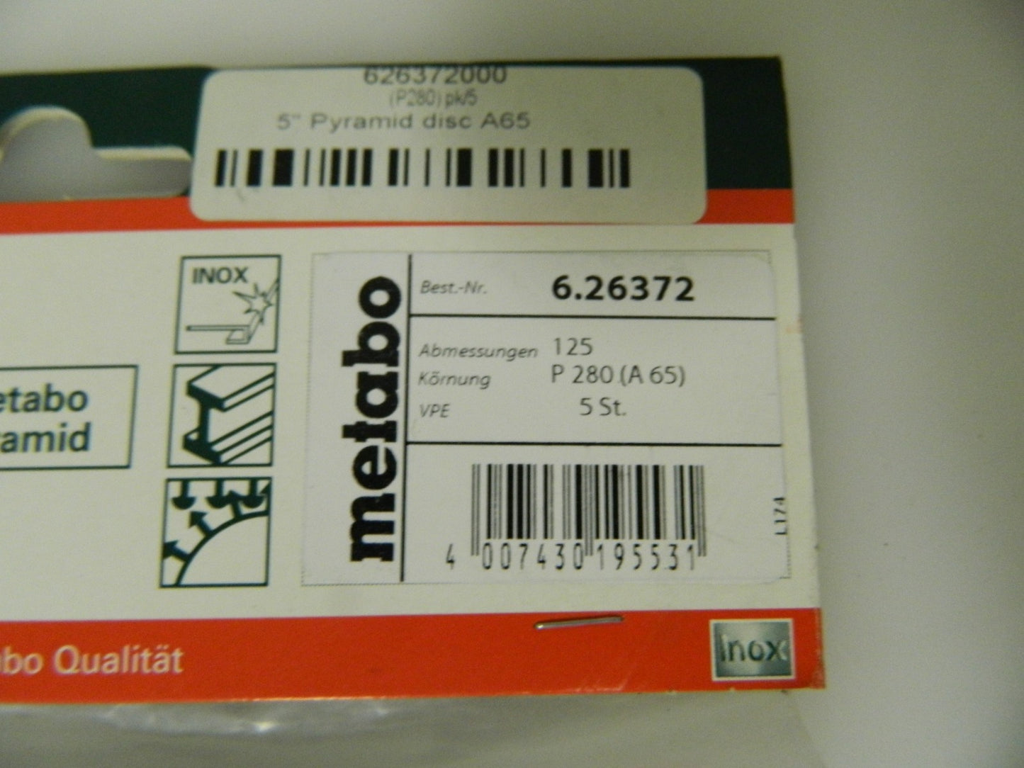 Metabo 5" Diam Pyramid Hook and Loop Sanding Discs QTY 5 P280 626372000