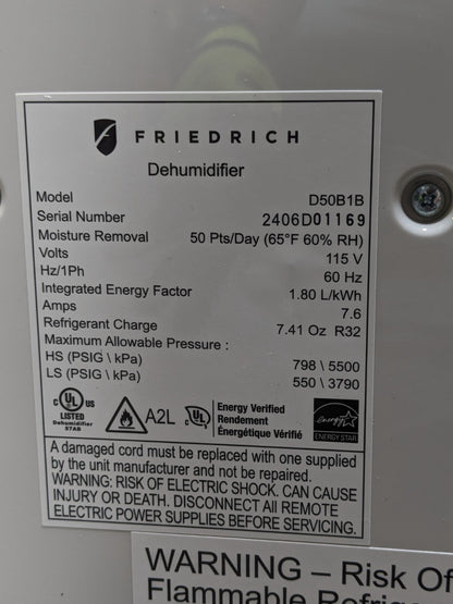Friedrich Portable Dehumidifier w/ Drain Pump 50 Pint Cap. 115v Parts / Repair