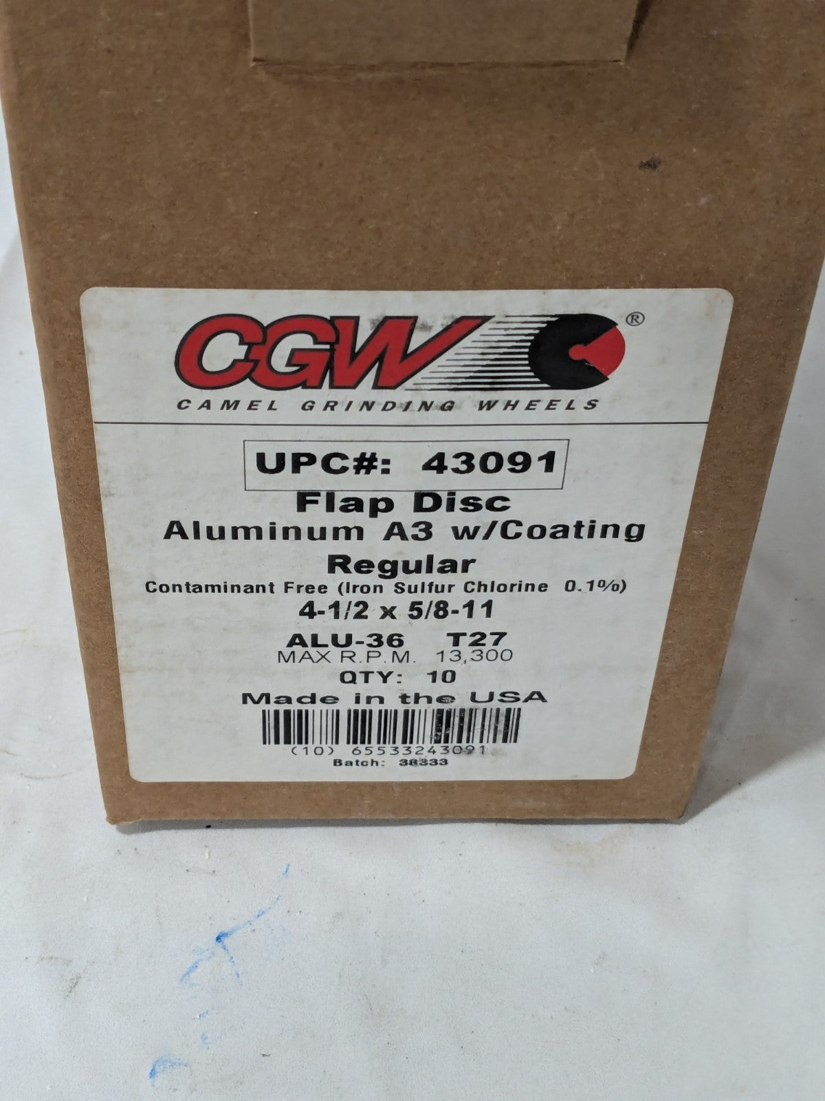 CGW Flap Disc: 4-1/2" Dia, 36 Grit, Aluminum Oxide, Type 27 Qty 10 43091