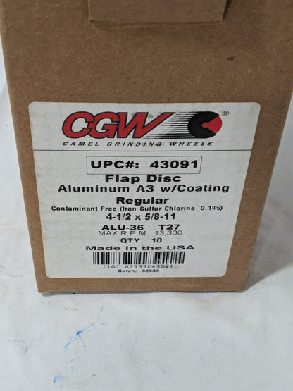 CGW Flap Disc: 4-1/2" Dia, 36 Grit, Aluminum Oxide, Type 27 Qty 10 43091