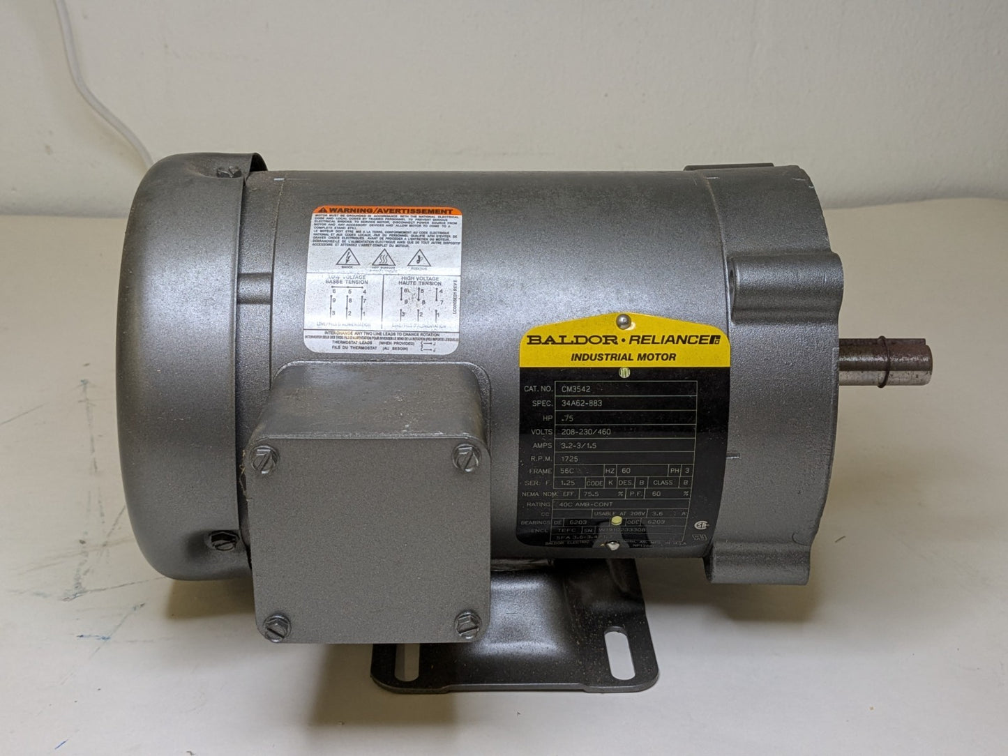 Baldor Industrial Motor 56C 3/4 HP 1725 RPM 208-230/460v 3 Phase CM3542
