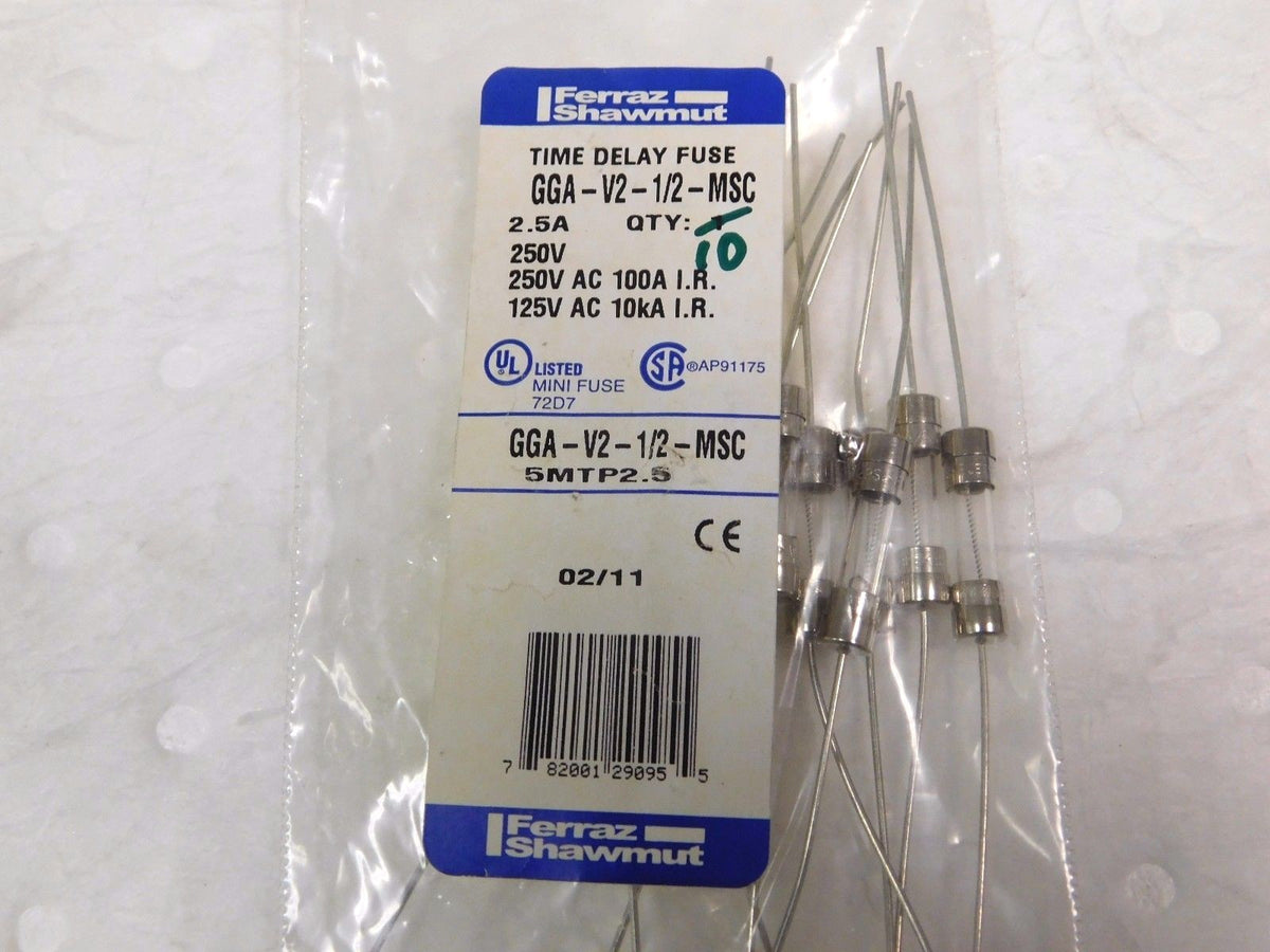 Ferraz Shawmut Time Delay Mini Glass Fuse 250V 2.5A 10PK Lot of 2 GGA-V2-1/2