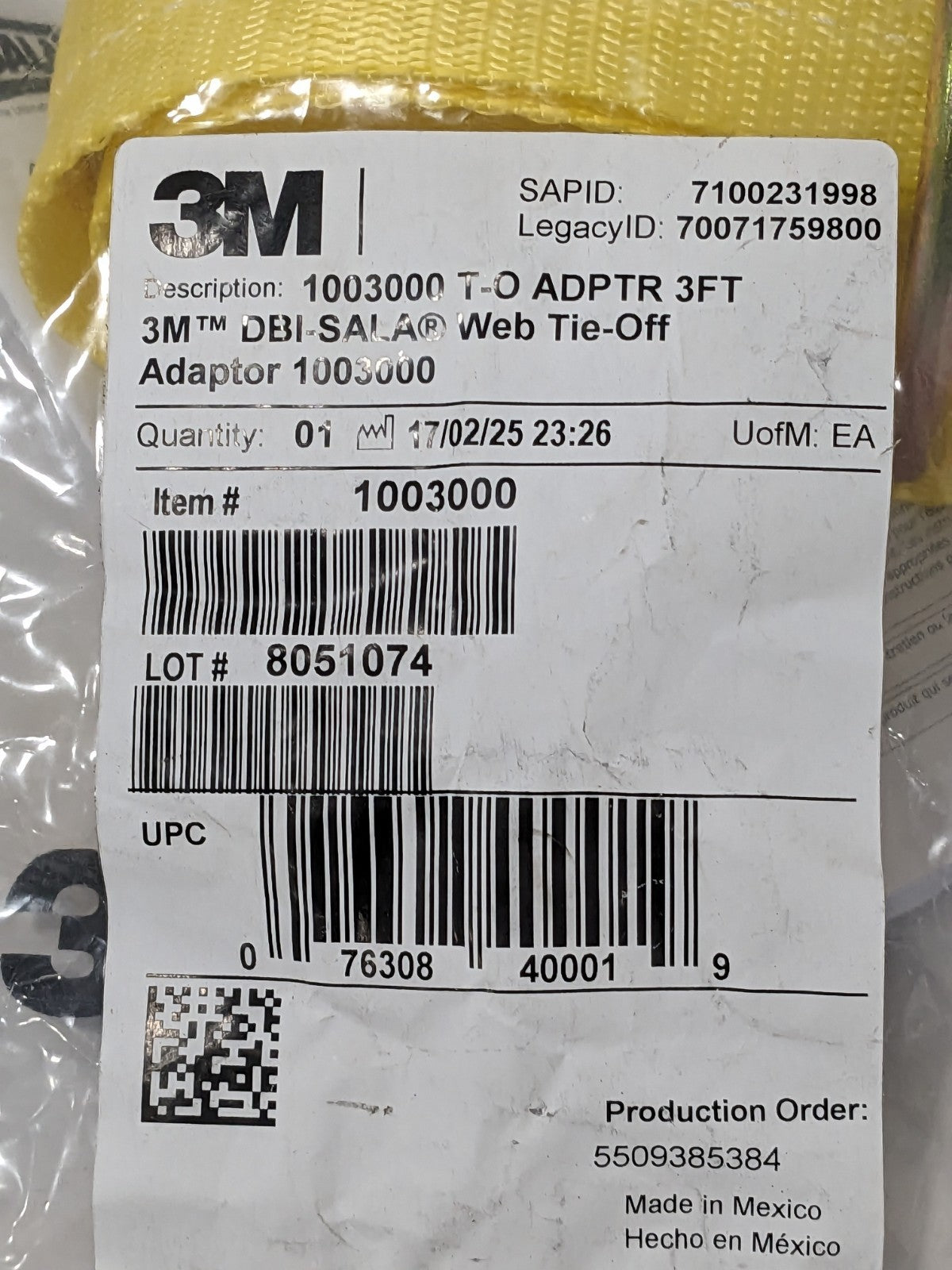3M DBI-SALA Web Tie-Off Adaptor, Yellow, 3 ft. (0.9m) 7100231998