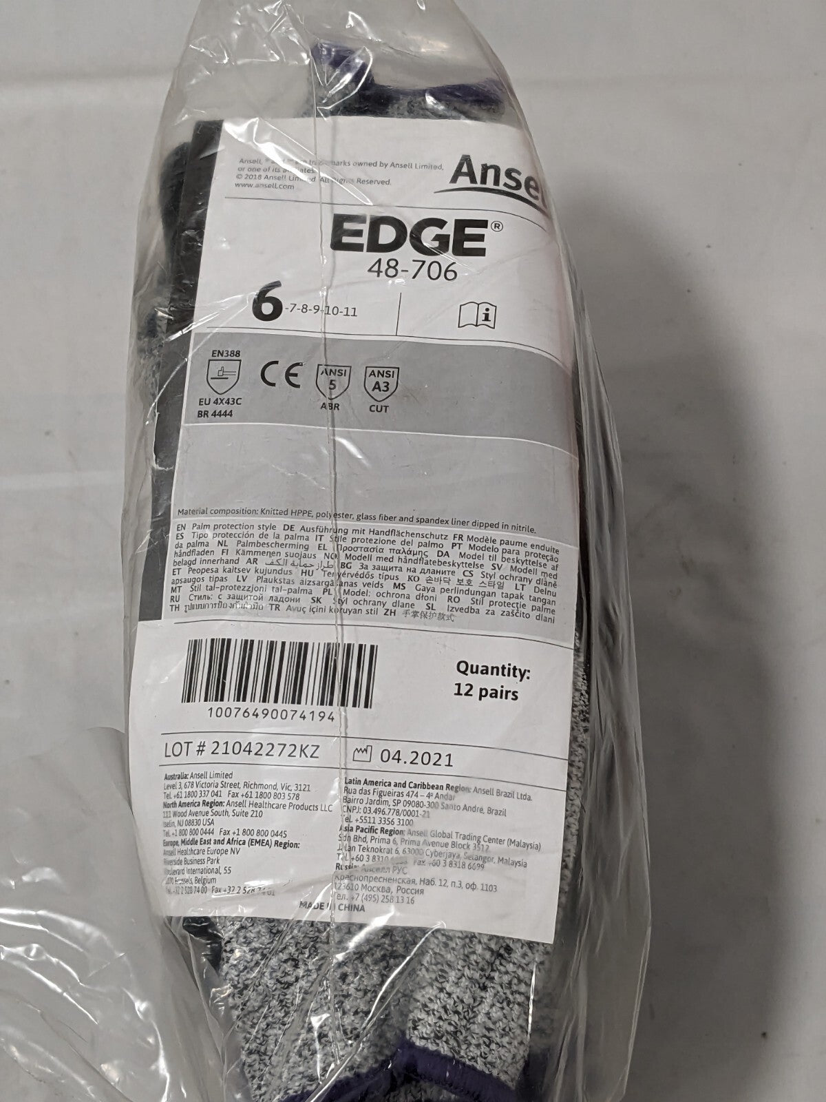 Ansell Edge Cut and Abrasion-Resistant Gloves Sz 6 Qty 12 48-706-6
