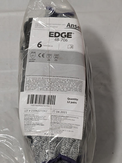 Ansell Edge Cut and Abrasion-Resistant Gloves Sz 6 Qty 12 48-706-6