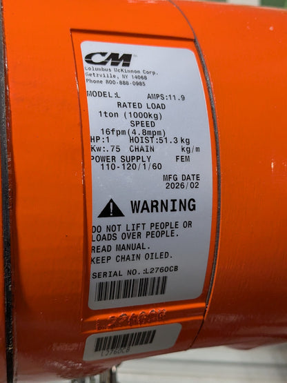 CM Lodestar Electric Chain Hoist 1 Ton Capacity 10 Ft Lift 16 FPM 110v 3522CF