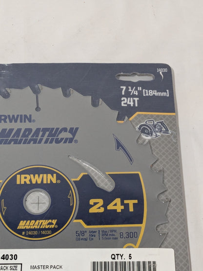 IRWIN Marathon 7-1/4-Inch 24-Tooth Circular Saw Blade,5 Pack 14030