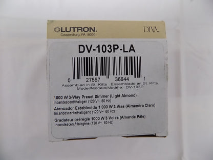Lutron DV-103P-LA Diva 1000W Incandescent / Halogen 3-Way Dimmer Light Almond