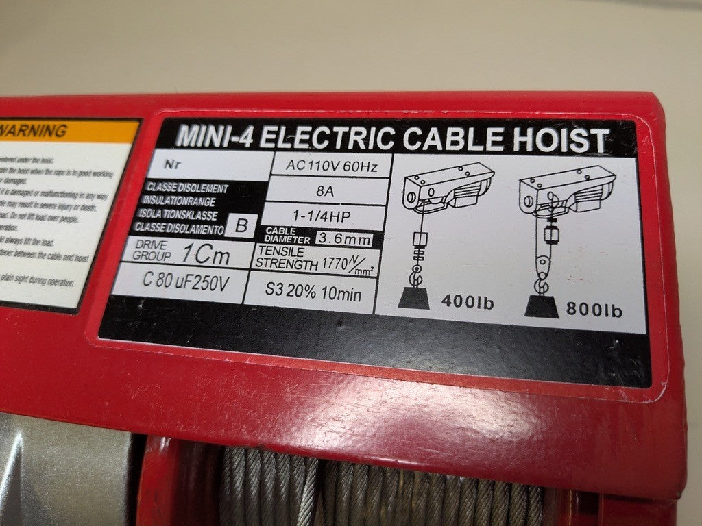 Vestil MINI-2 Electric Steel Cable Hoist 200 lb. Capacity 1-1/4 HP 110v 8 Amp