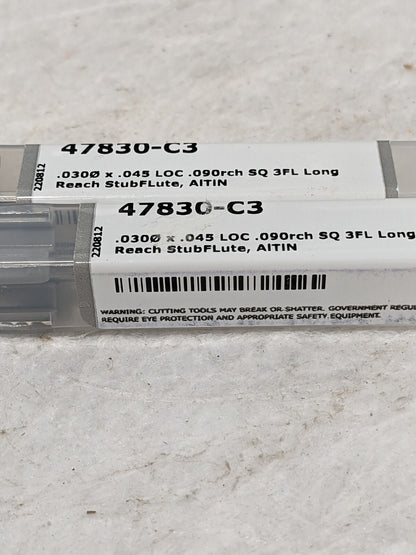 HARVEY TOOL Square End Mill: 0.0300" Dia, 0.045" LOC, 3 Flute Qty 2 47830-C3