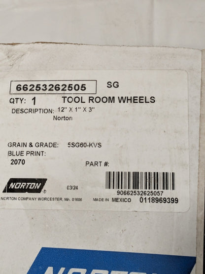 Norton Surface Grinding Wheel 12" Diam 1" Thick 3" Arbor Hole 60G