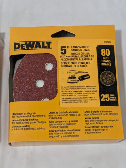DEWALT Hook & Loop Disc: 5" Dia, 80 Grit, Coated, Aluminum Oxide Qty 50 DW4309