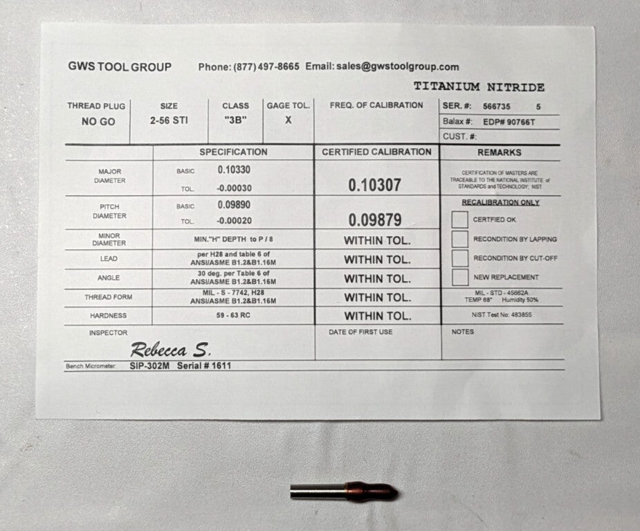2-56 Thread  HSS  Class 3B  Screw Thread Insert   Go/No Go Set  90767-000