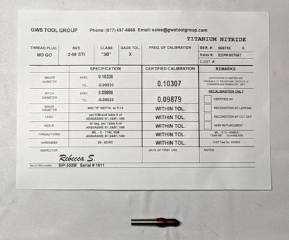2-56 Thread  HSS  Class 3B  Screw Thread Insert   Go/No Go Set  90767-000