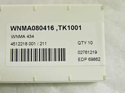 Seco Carbide Turning Inserts 3/16" Thick WNMA080416 Grade TK1001 Qty 10 698