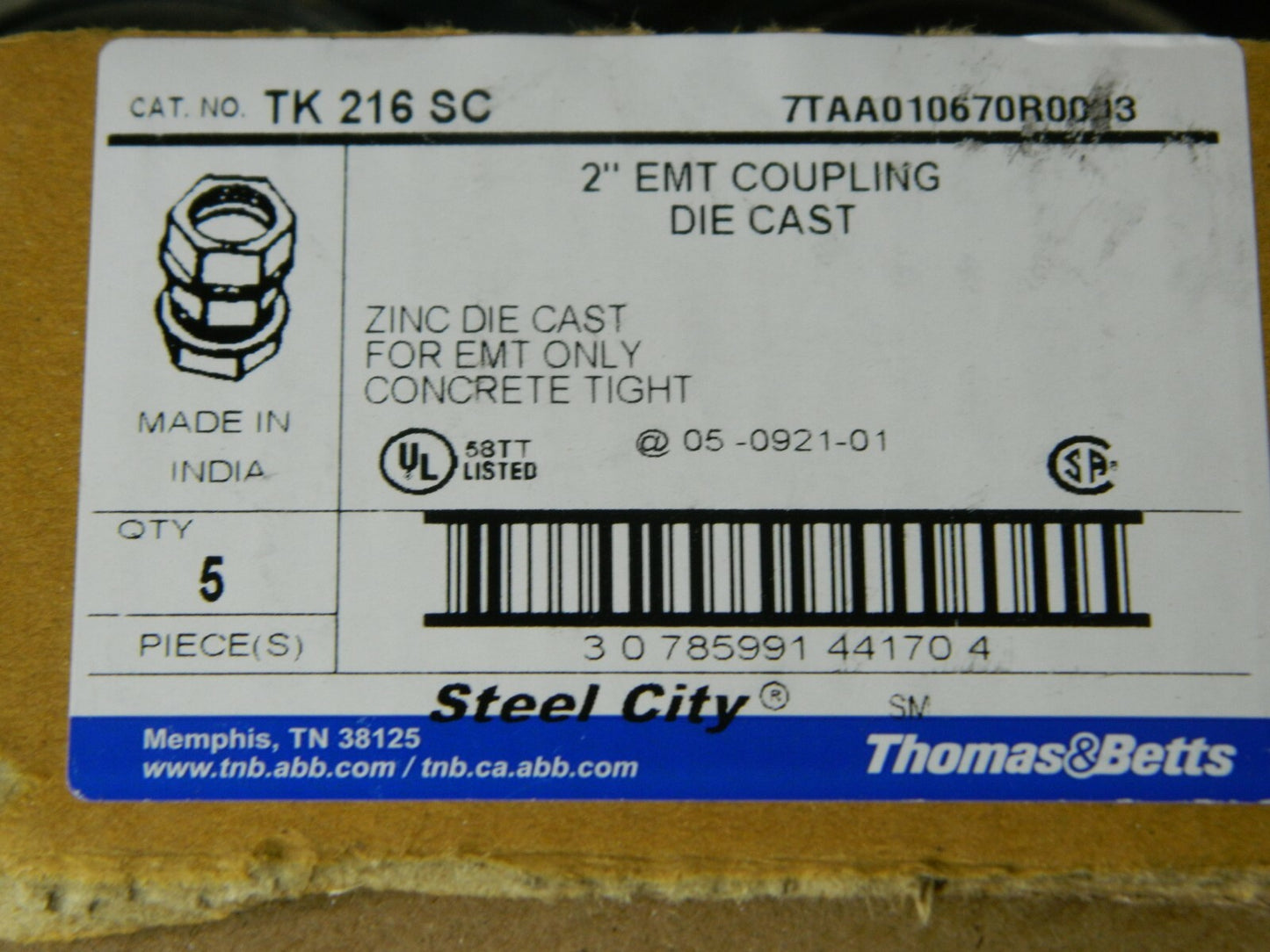 Thomas &amp; Betts 2" Trade EMT Conduit Coupling Qty 10 TK216SC