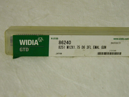 Widia GTD Plug Style M12 x 1.75" 3 Flute D6 Spiral Point Tap Model 86240
