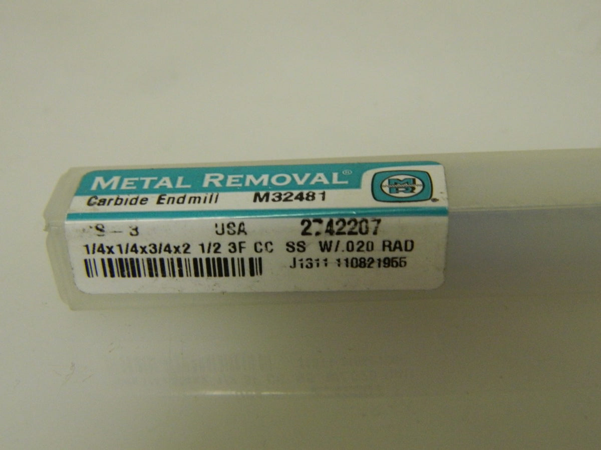 Metal Removal Corner Radius End Mill 1/4" Mill Diam 0.015 to 0.020" 3F