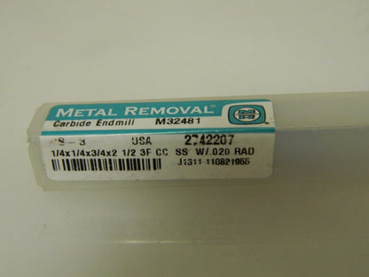 Metal Removal Corner Radius End Mill 1/4" Mill Diam 0.015 to 0.020" 3F