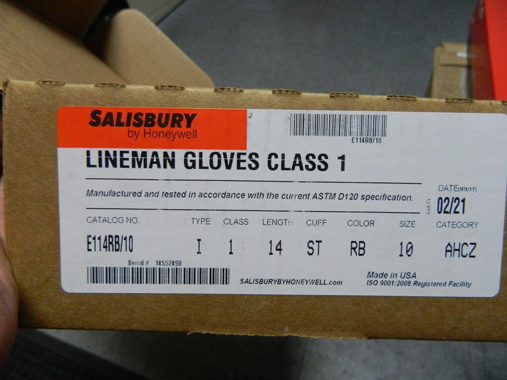 SALISBURY Class 1, Size XL (10), 14" Long, Rubber Lineman's Glove E114RB/10