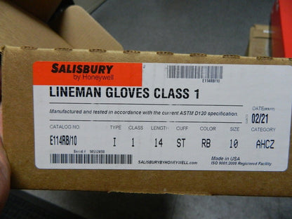 SALISBURY Class 1, Size XL (10), 14" Long, Rubber Lineman's Glove E114RB/10