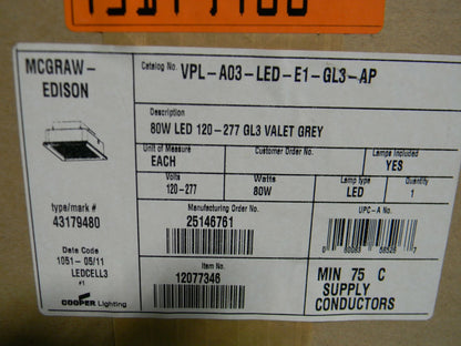 Cooper Lighting Heavy-Duty LED Light Fixture 80W 120-277v VPL-A03-LED-E1-GL3