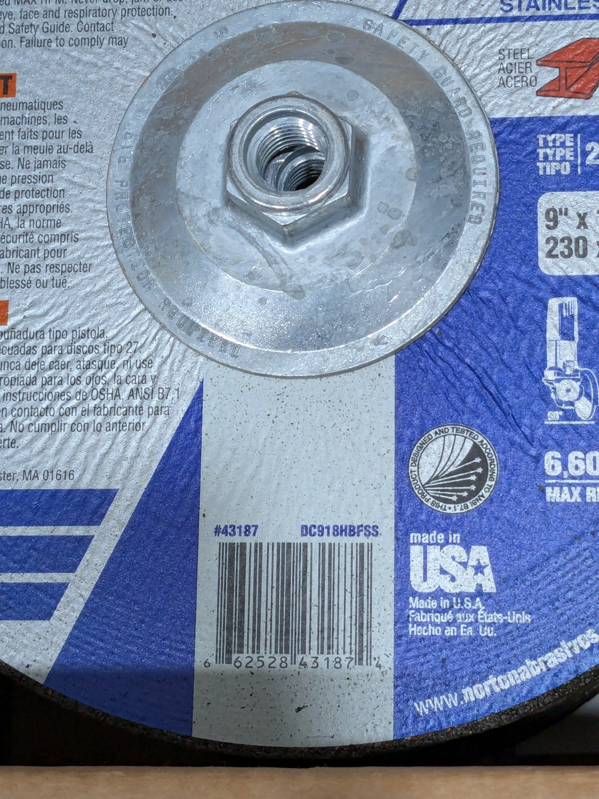(10) Norton Depressed-Center Wheel: 9" Dia, 1/8" Thick, 5/8-11 Hole 66252843187