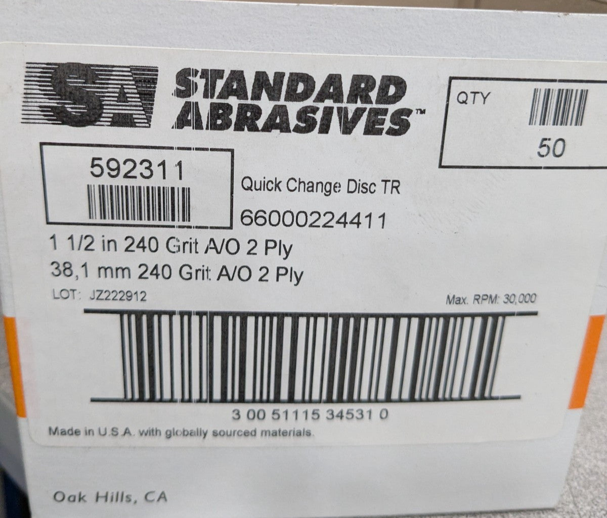 Standard Abrasive Quick Change 2 Ply Disc 1 1/2 in - A/O, 240 Grit Qty 50 592311
