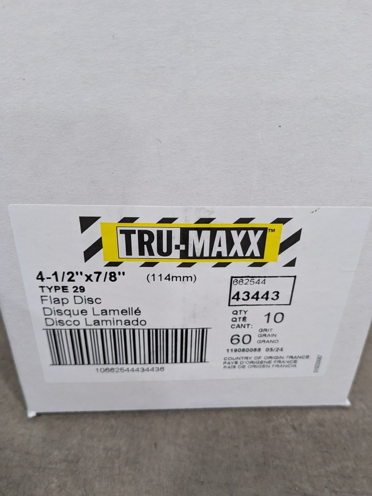 Tru-Maxx Flap Disc: 4-1/2" Dia, 7/8" Hole, ZA, Type 29 Box of 10 66254443443