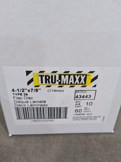 Tru-Maxx Flap Disc: 4-1/2" Dia, 7/8" Hole, ZA, Type 29 Box of 10 66254443443