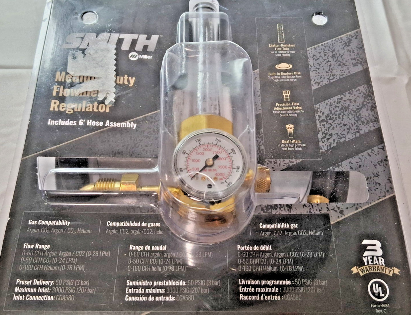 Smith/Miller Welding Regulator 0 to 50 SCFM 3,000 Max psi 580 CGA H2051B-580H