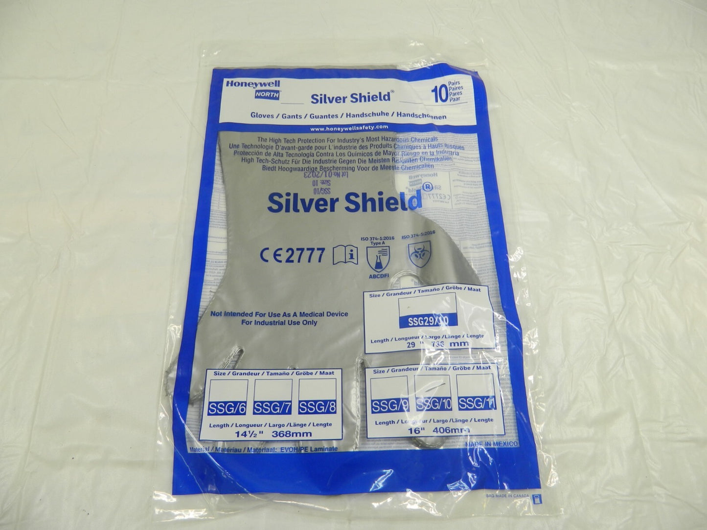 NORTH Chemical Resistant Gloves: 2.7 mil Thick Silver 16" Sz 10 Qty 10 SSG/10