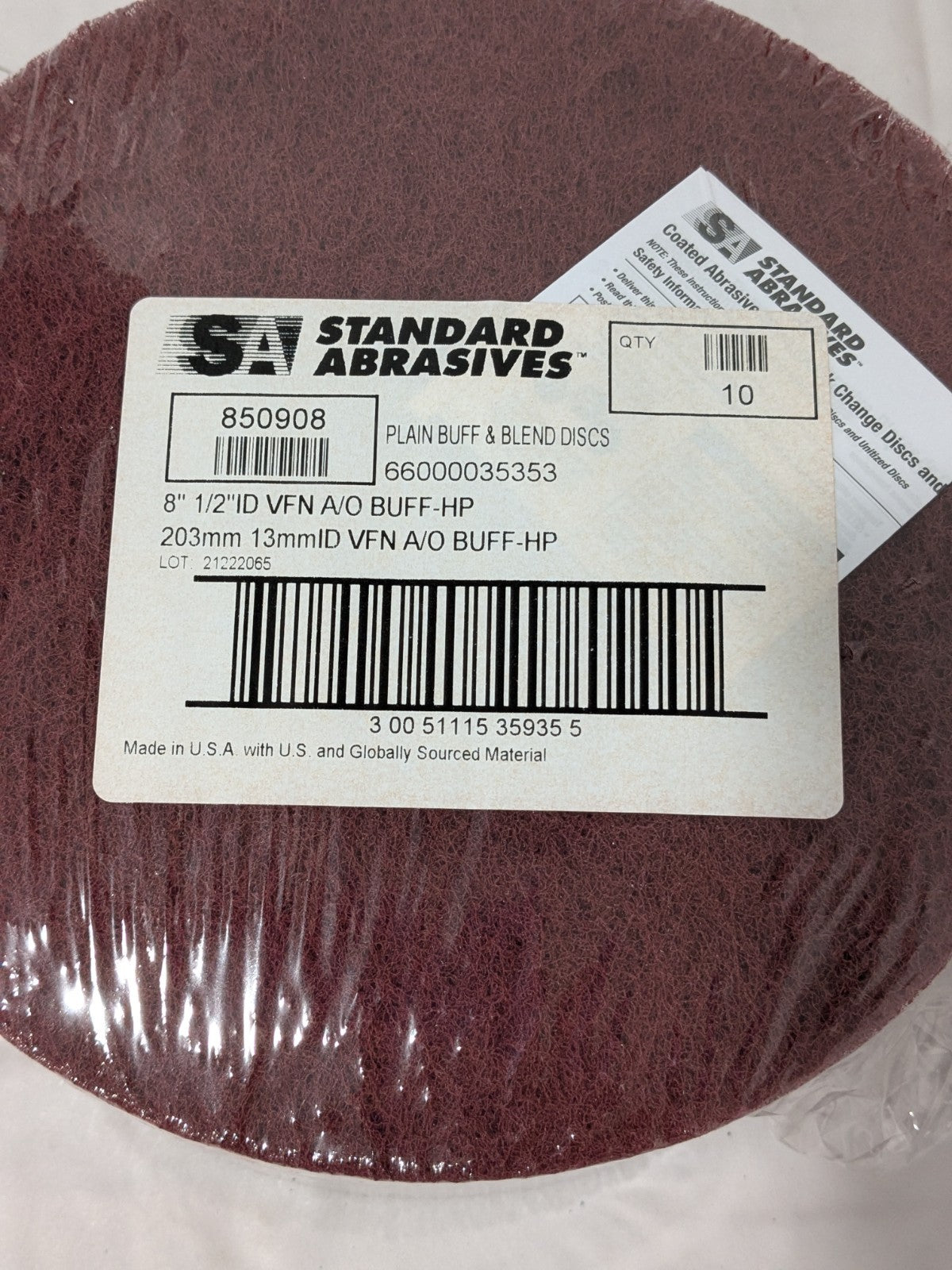 SA Deburring Disc: 8" Dia, 1/2" Hole, Very Fine Grade Qty 10 7000122064