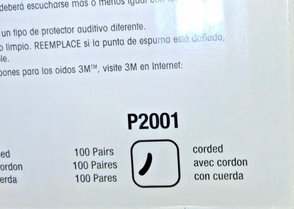 3M Earplugs 29.00 dB Foam Bell Roll Down Corded 100 Pairs per Pack P2001