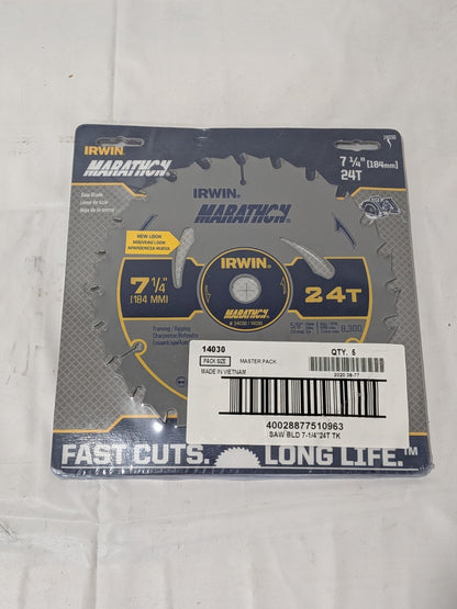IRWIN Marathon 7-1/4-Inch 24-Tooth Circular Saw Blade,5 Pack 14030