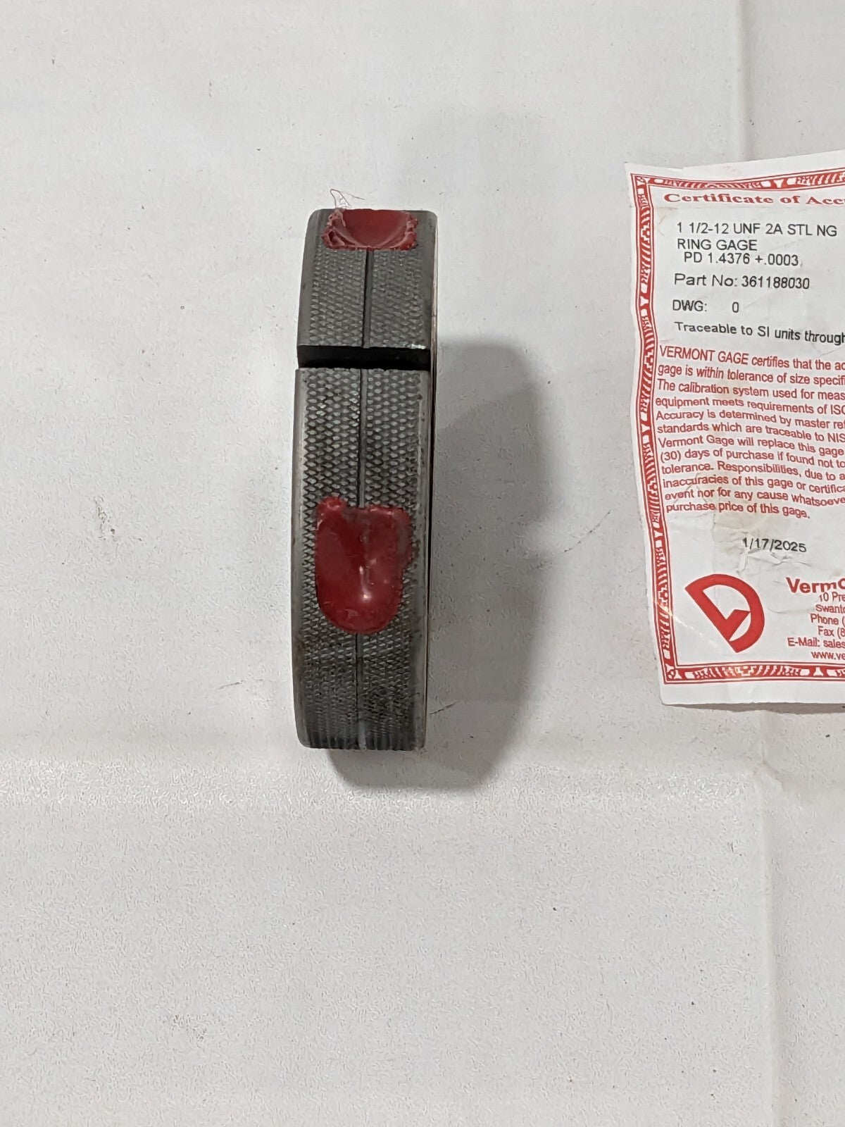 Vermont Gage Threaded Ring Gage: 1-1/2-12 Thread, UNF, Class 2A, No Go 361188030
