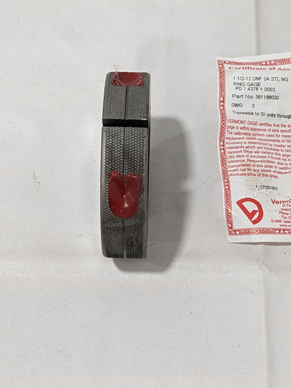 Vermont Gage Threaded Ring Gage: 1-1/2-12 Thread, UNF, Class 2A, No Go 361188030