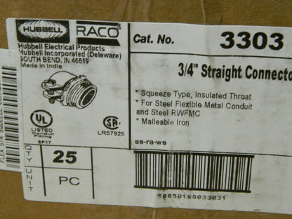 HUBBELL-RACO 3/4" Trade FMC Conduit Connector Qty 25 3303